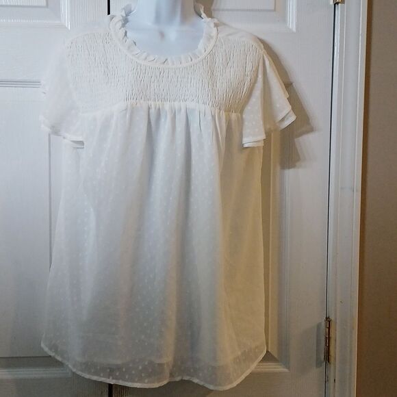White smocked upper half  casual business casual blouse  Sz L - Picture 1 of 5